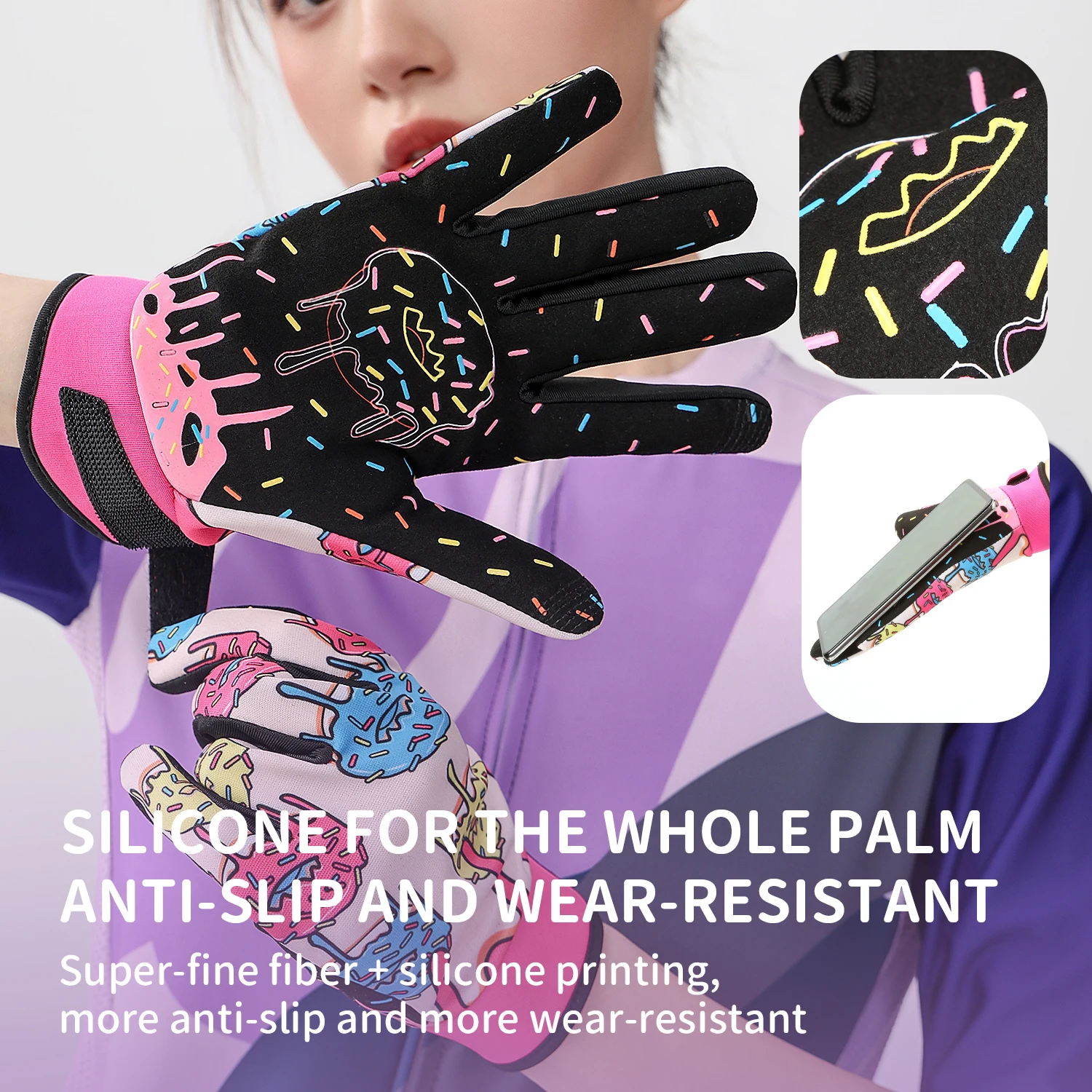 Suitable for teenagers and adults riding gloves with touch screens - Sweet Donut personalized pattern, breathable polyester fibe