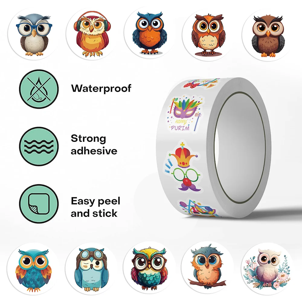 500pcs/Roll Cartoon Owl Handbook Roll Sticker PVC Material DIY Notebook Children's Daily Toy Scrapbook Waterproof Party Stickers
