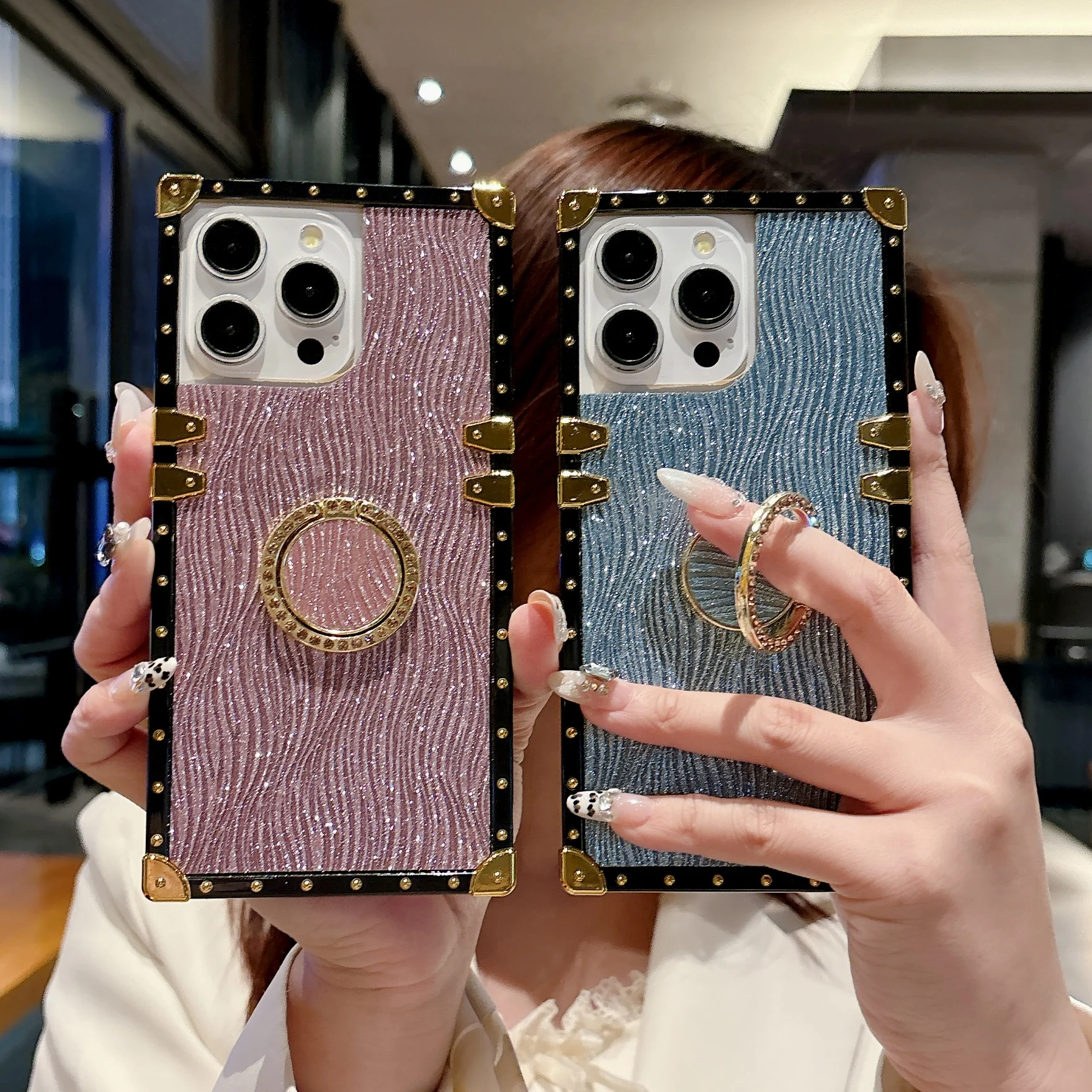 

Fashion Branded Glitter Water Ripples Phone Case for iPhone 11 12 13 14 15 16 Pro Max 16E Folding Bracket Finger Ring Cover