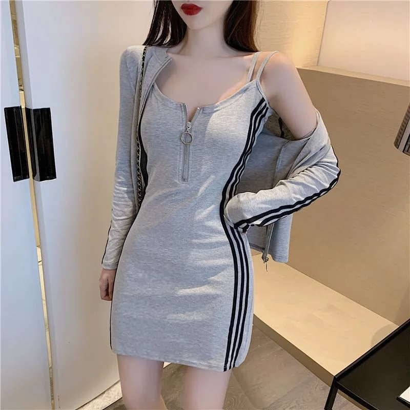 Women\'s Fashion Suit Spring Summer Sexy Slim Suspenders Dress 2022 Autumn New Long Sleeve Coat Crop Tops And Skirt Two Piece Set