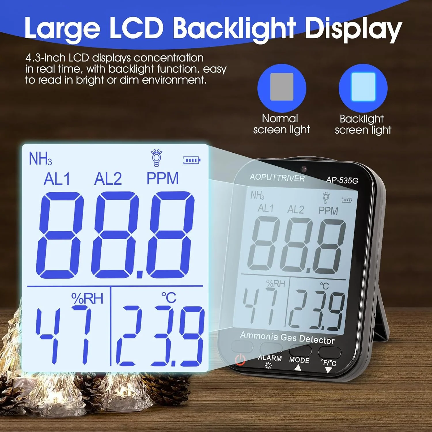 Formaldehyde & Ammonia Gas Detector 0-100ppm NH3 Monitor with Alarm, Temp & Humidity Display, Rechargeable & Backlit