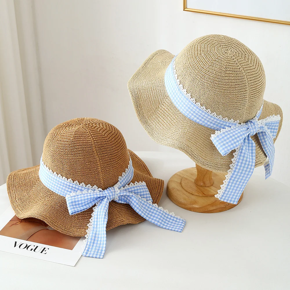 Neuer Sommer-Strohhut für Damen mit Spitze, Schmetterlingsknoten und Wellendesign, Gestrickter Sonnenschutz-Strandhut im Koreanischen Stil mit Breiter Krempe, Fischerhut