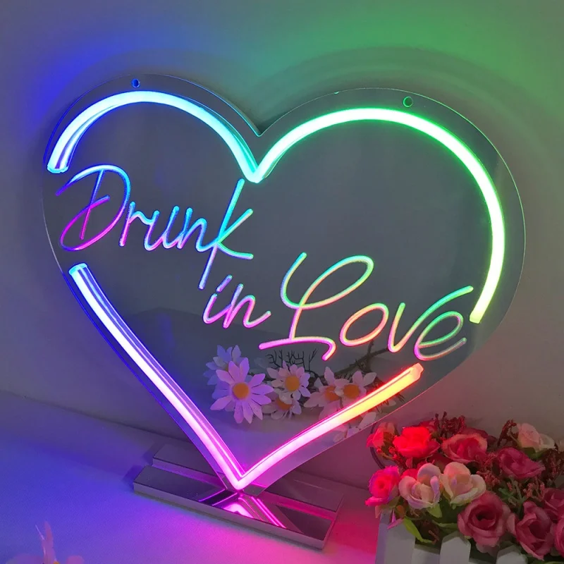 

Colorful LED Lights Neon Sign Flicker Love Shape Heart Mirror Wall Valentine's Day Wedding Decoration Drunk in Love Neon Lights