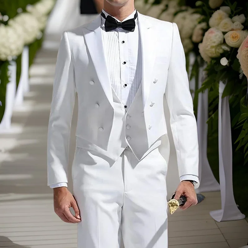 White Tailcoat Men's Wedding Suits Smoking Party Tuxedo 3 Pieces Custom Made Groom Terno Male Fashion Costume