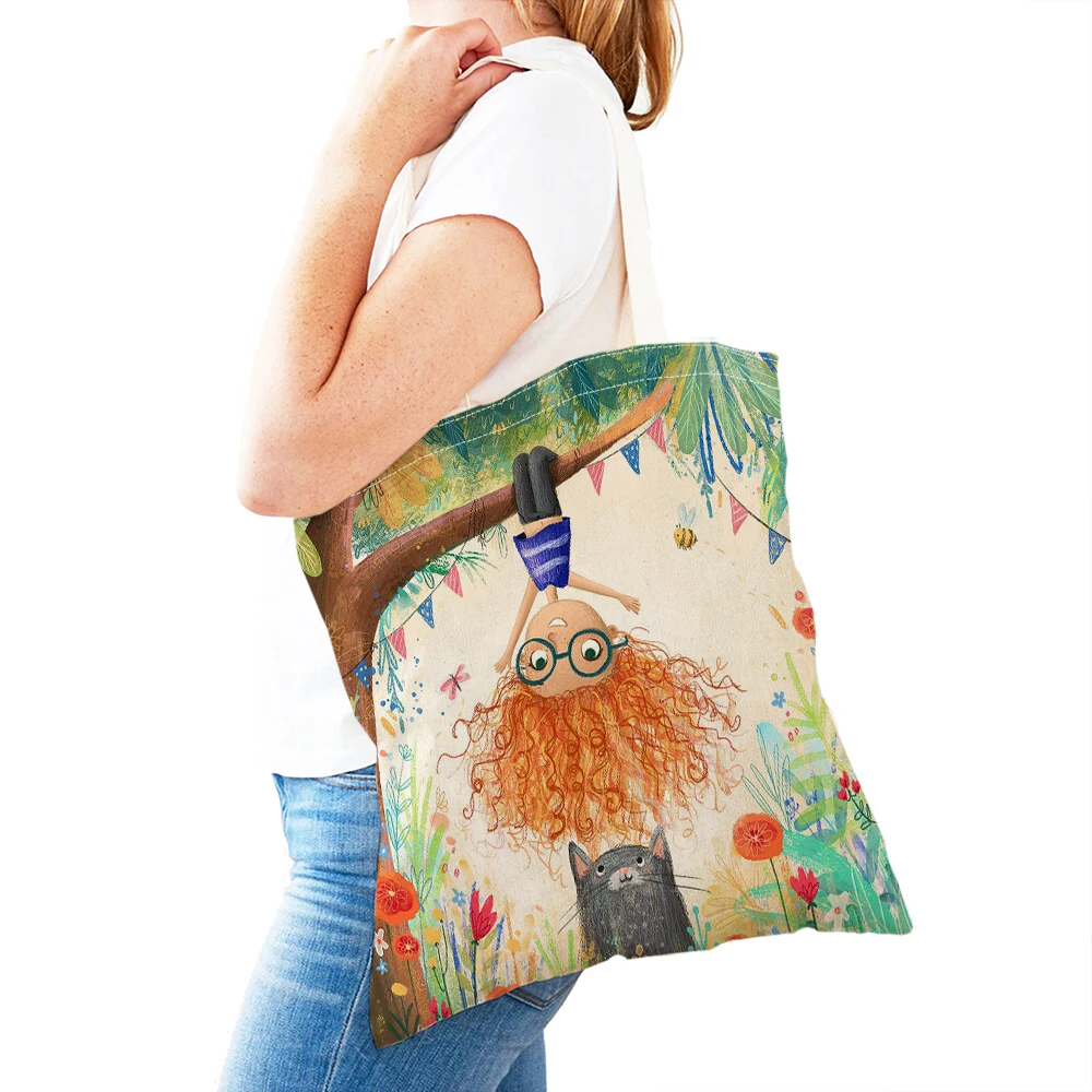 Fairy Tale World Lovely Child Gift Shopping Bag Double Print Cute Cartoon Girl Canvas Lady Tote Handbag Women Shopper Bags