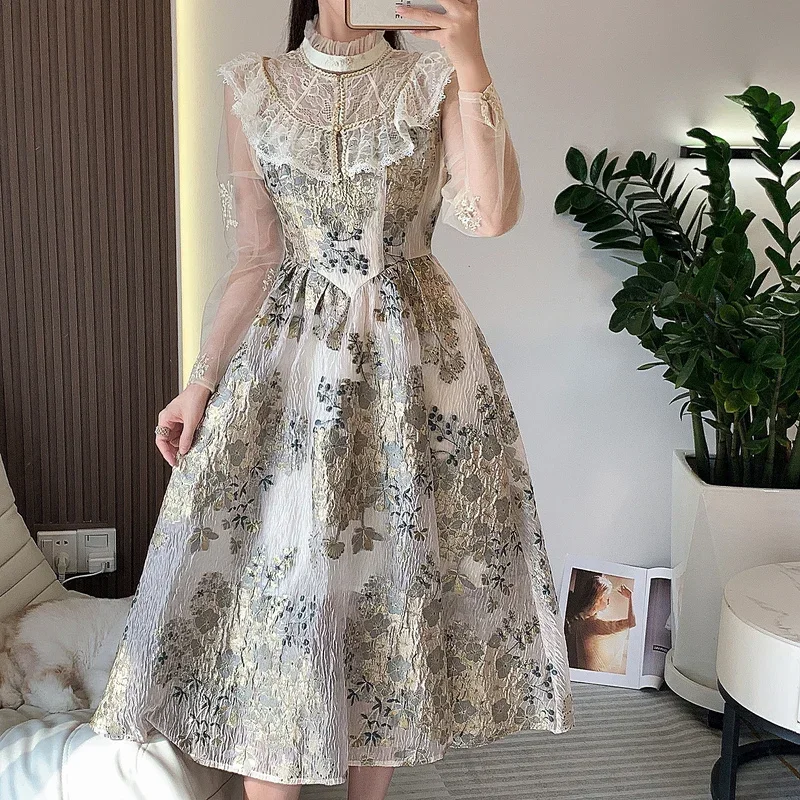 

Vintage Mesh Dress Women Elegant Embroidery Flower Long-sleeve Party Vestido Luxury Design O-neck Bodycon Patchwork