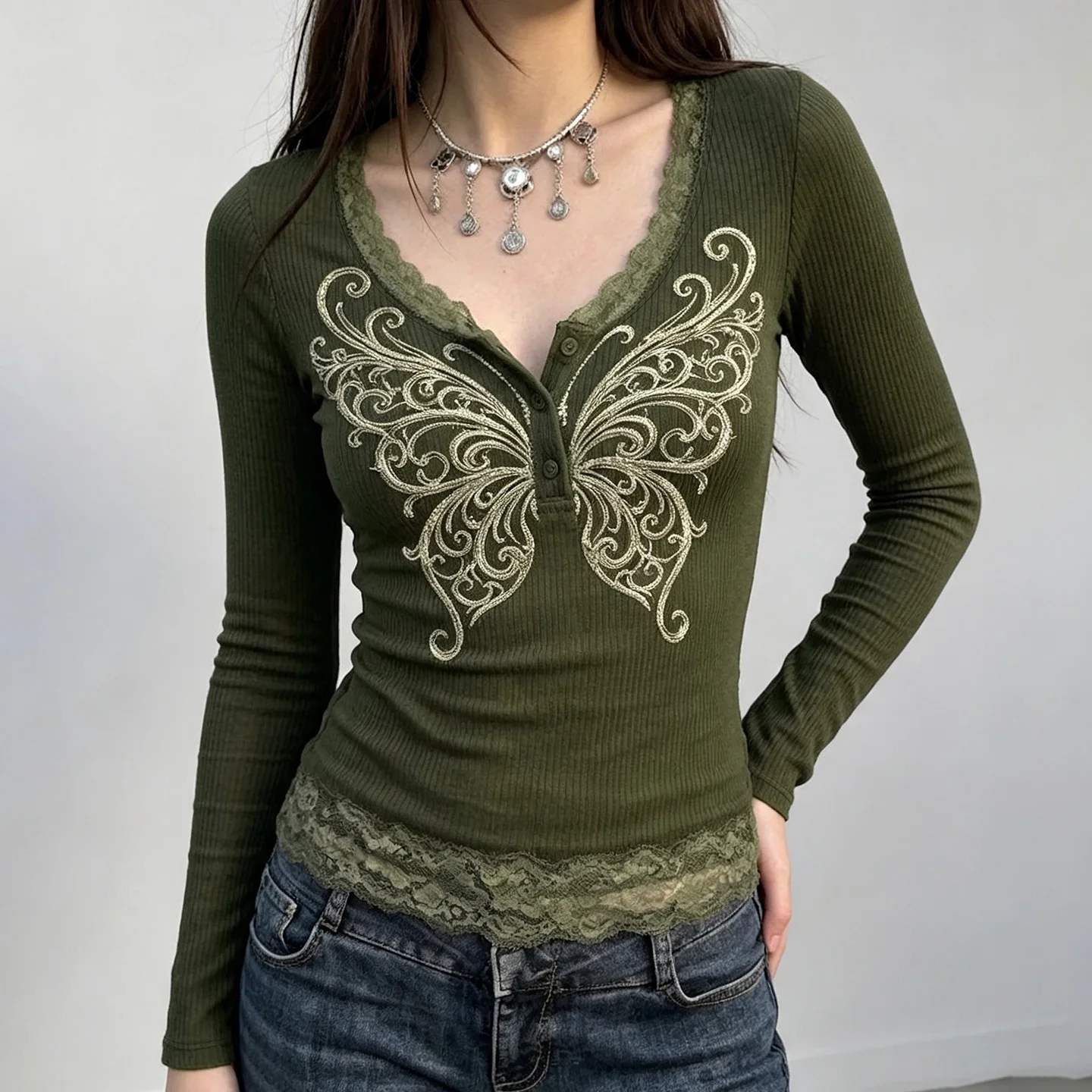 Y2K Asian‑Inspired Print Fake Two‑Piece T-shirts Fashion Lace Splicing Color‑Blocked Long Sleeve Top Tees Autumn Versatile Top