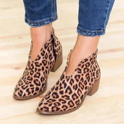 Plus Size New Ladies Leopard Print Thick Heel Women Boots Fashion Thick Sole Warm Ankle Boots Retro Botas Femininas 2024