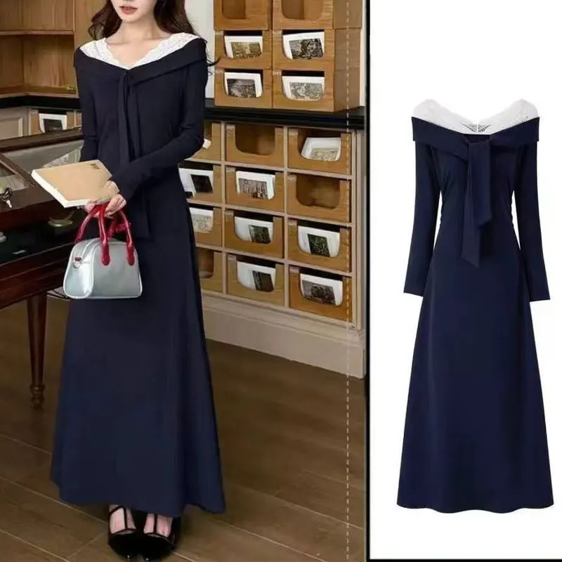 

Women's Clothing Korean Lace Spliced Long Dress Aura V-Neck Slim Autumn Solid Color Basic Fashion Bandage A-Line Waist Dresses