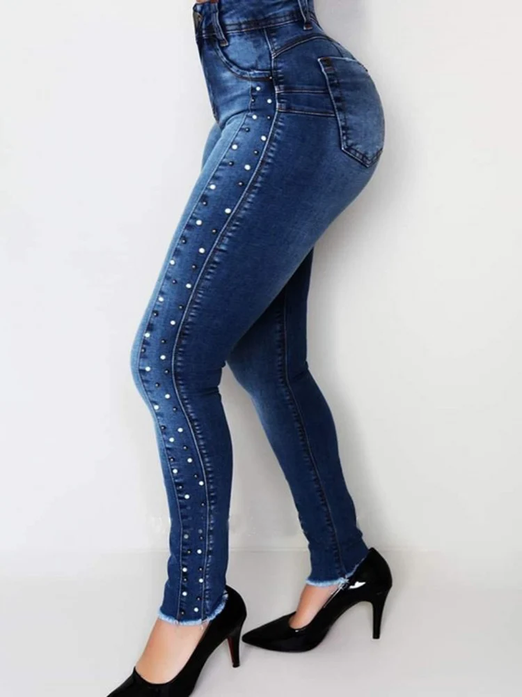 

Women Stretchy Skinny Wrap Hips Jeans Girl Pearl Pencil Long Rivets Pants Narrow Straight Leg Push Up High Waist Mom Trousers