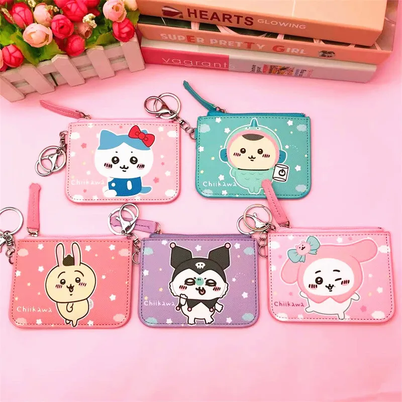 

Kawaii Woman Coin Purse Schoolgirl ハチワレ ちいかわ Cartoon Printed Large Capacity Card Change Storage with Key Chain Zipper PU Purse