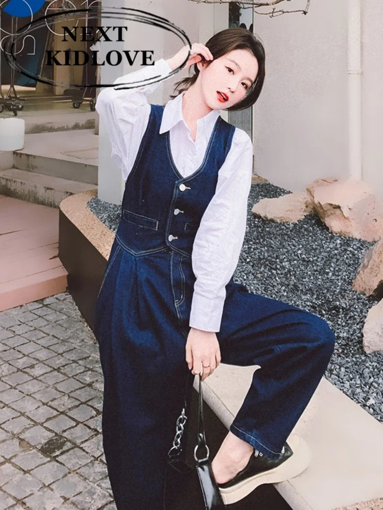 

Chic Denim Overalls Women's Spring Autumn New Age Reduction Japanese Sle Workwear High Waist Wide Leg Casual Jeans Pants
