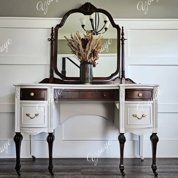 

French retro solid wood dresser American country engraved multi-functional drawer with mirror desk bedroom dressing table