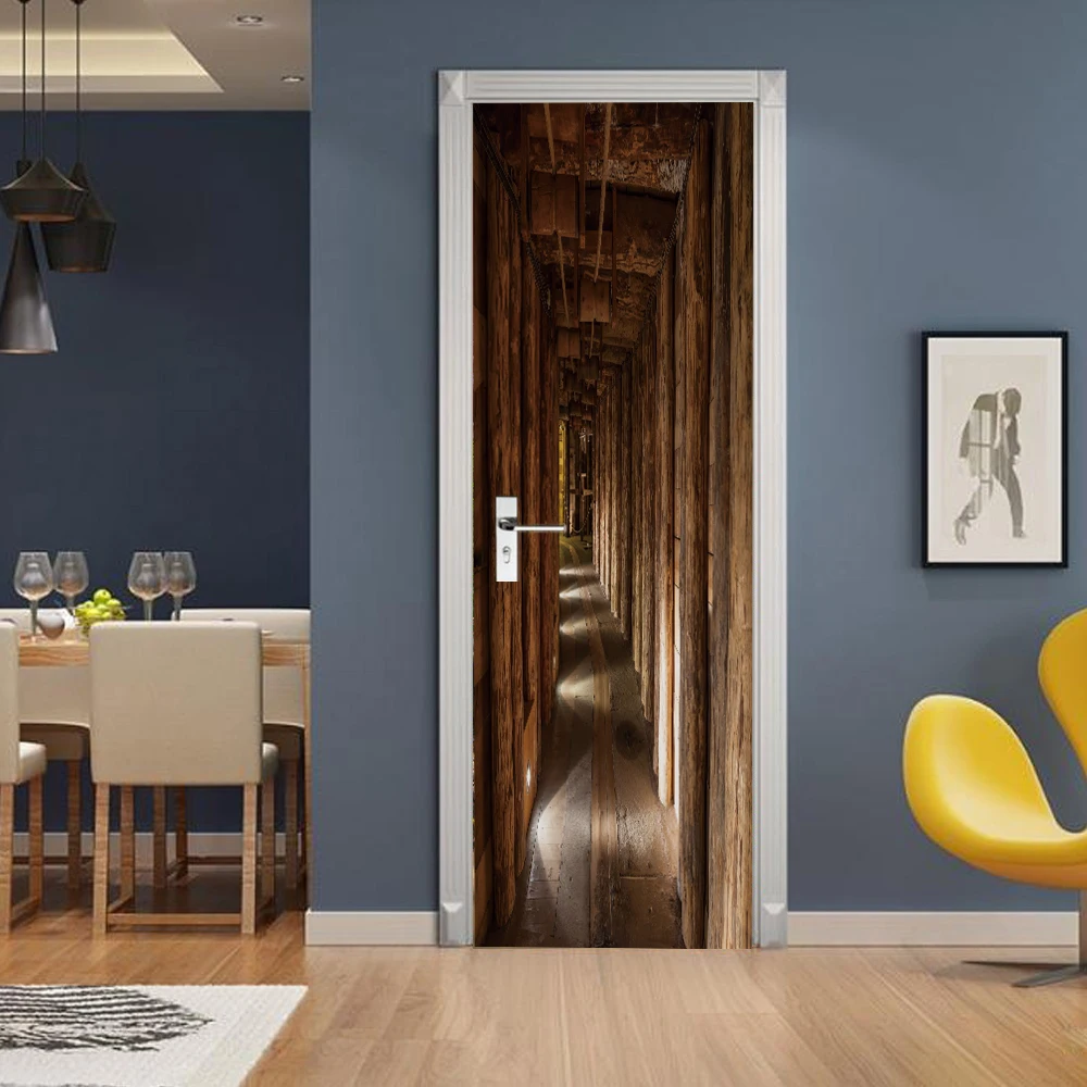 3D Retro Door Stickers Wooden Style Doorposter Self-adhesive PVC Wall Sticker Bedroom Decorative Door Cover autocollant de porte
