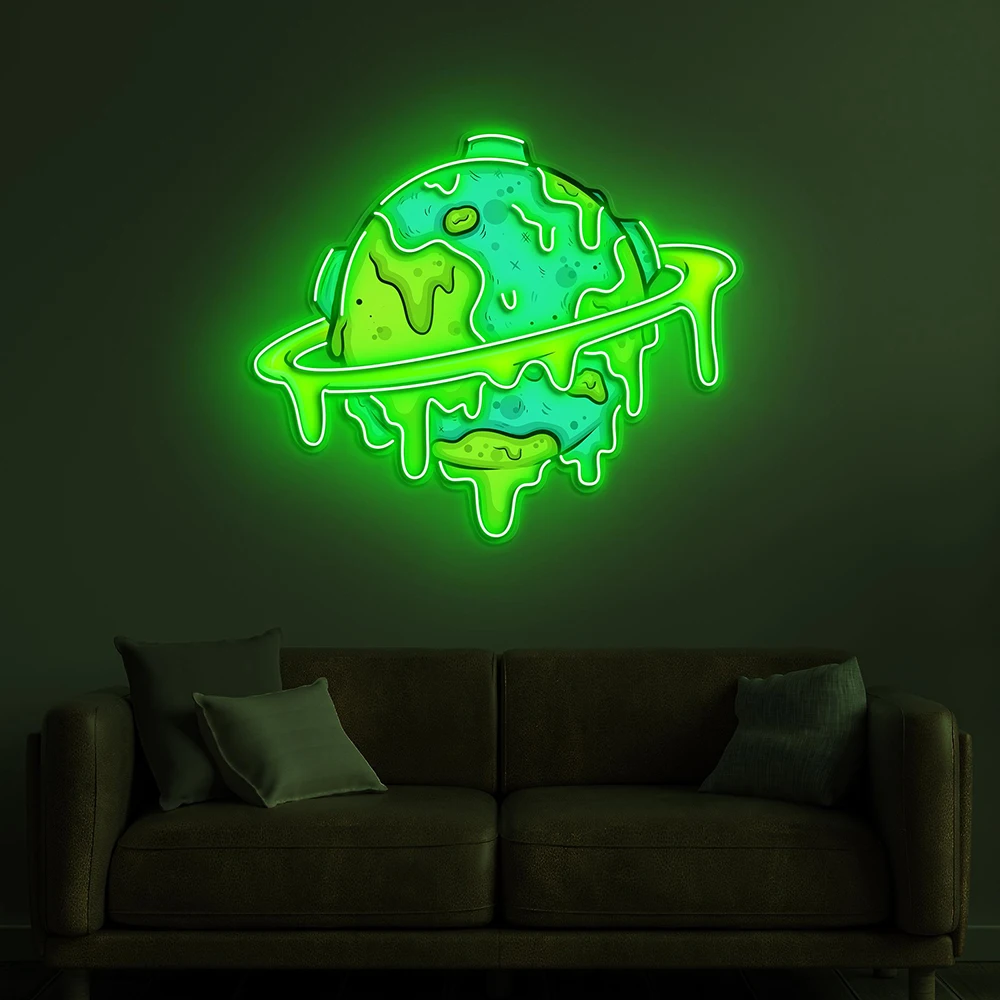 Dripping Earth Neon Sign Melting Planet LED Light Earth Pop Art Saturn Neon Sign Kids Room Game Room Wall Decor Light Signs