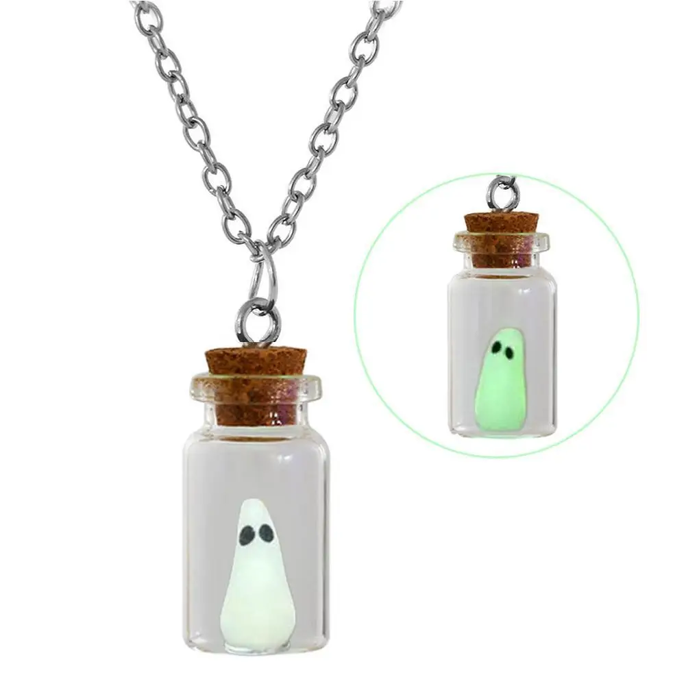 Halloween Glow Tiny Ghost in A Bottle Pendant Necklace Luminous The Adopt a ghost necklace for Women Jewelry Festival Gifts