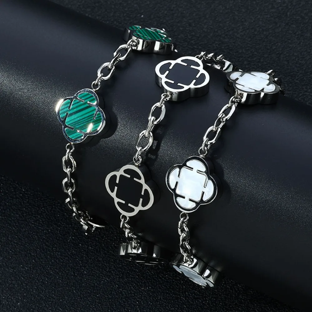 Stainless Steel Four Leaf Clover Bracelet, Multi-color Malachite/Black/White Clover Link Chain Bracelet for Women