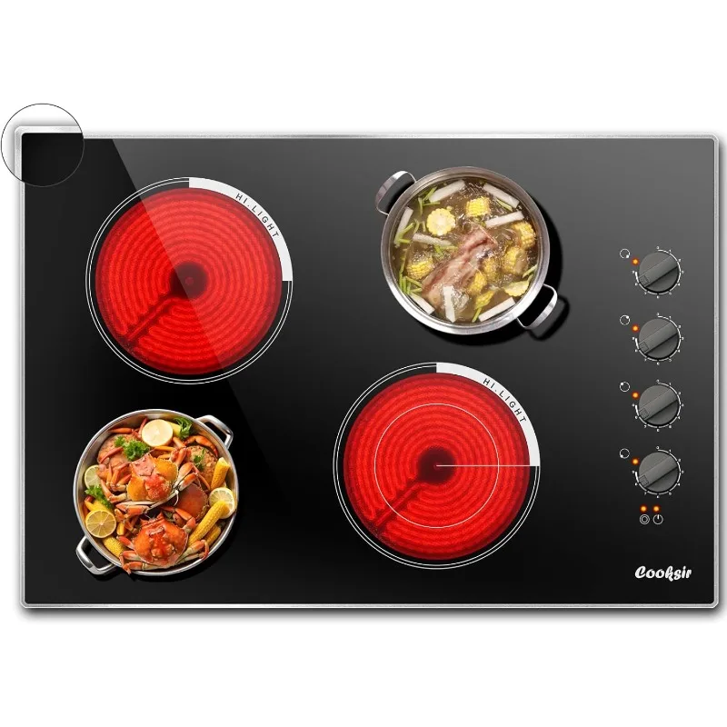 Electric Cooktop 30 Inch, 7400W Built-in Electric Stove Top 4 Burner, 220-240V Ceramic Hob with Glass Protection Metal Frame