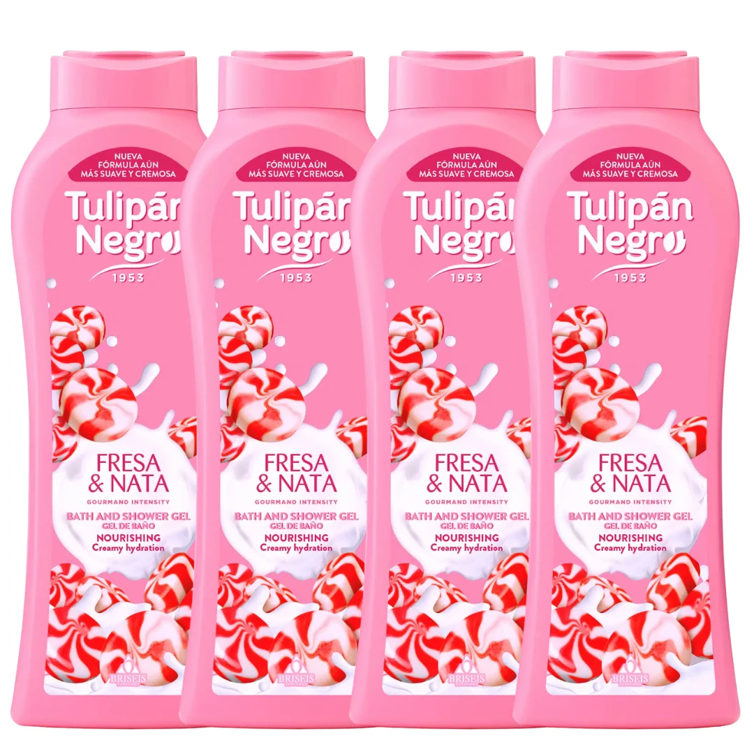 Pack de 4 geles de ducha tulipán negro - gel de baño tulipán negro fresa y crema 650 ml - aroma dulce y cremoso, hidratación y suavidad para el cuidado diario, fragancia irresistible que aporta elasti