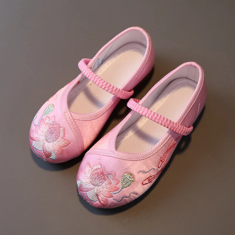 Girls Casual Shoes Flowers Embroidered Cloth Shoes for Children Soft-soled Flat Kids Princess Shoes Pink White Green Fit 3-13T