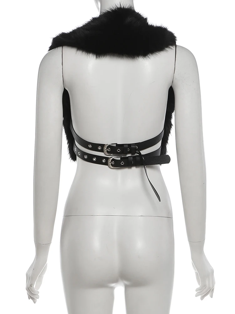 Weird Puss Sexy Furs Tanktop Damen Herbstmode Metallschnallengürtel Rückenfreies Neckholder-Top Y2K Trend Midnight Street Club Weste – Detail 5