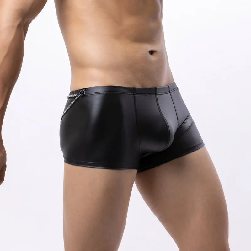 Men Sexy Close Fitting Matte Faux Leather Trunks Wet Look Underwear Pouch Boxer with Chain Buckle Shorts Slim Fit Men's Boxers