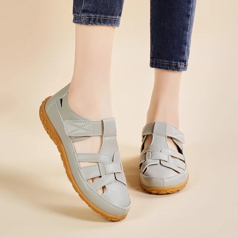 

Women's Casual Sandals Summer Breathable Genuine Leather Flat Shoes Comfortable Round Toe Soft Soled Outdoor Shoes Zapatos