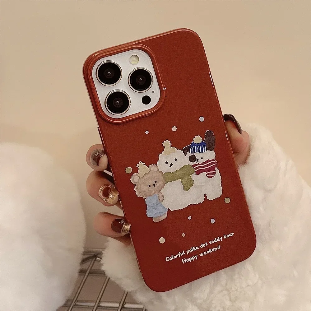 Korean Style Cartoon Snowman Puppy Phone Case for IPhone16 15 14 12 13 11 Pro ProMax Plus X XR Shockproof Phone Cover