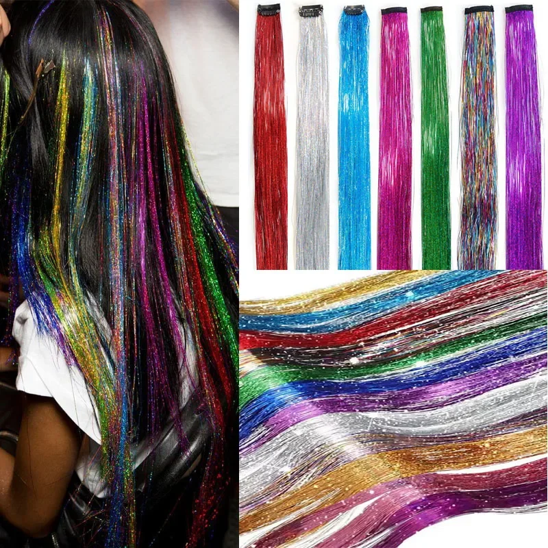 

Synthetic Clip in Hair Tinsel24 Inch Colorfull Tinsel Hair Extensions 1Pcs/Pack for Women Girls Party Christmas New Year Gift