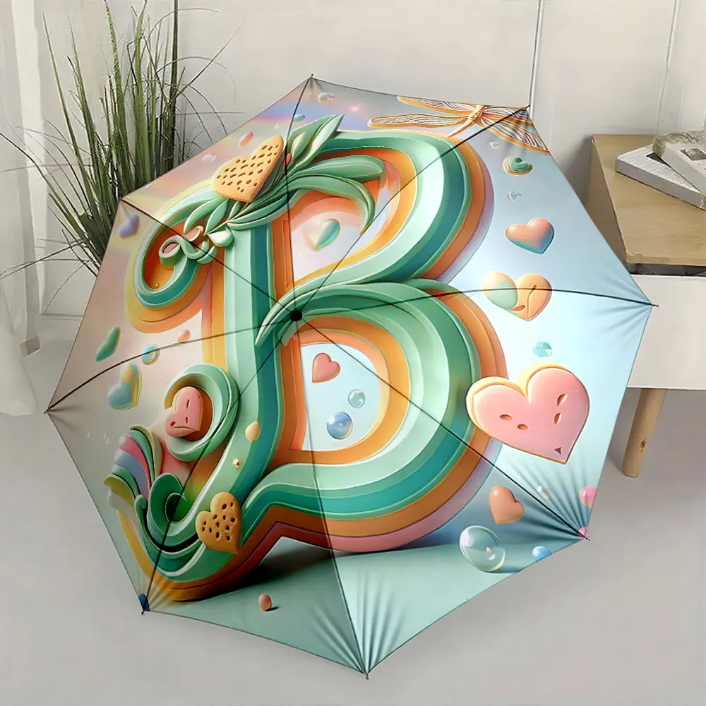 Letter B Design with Hearts and Dragonfly Compact Fashion Folding Umbrella for Daily Use, Christmas Gift