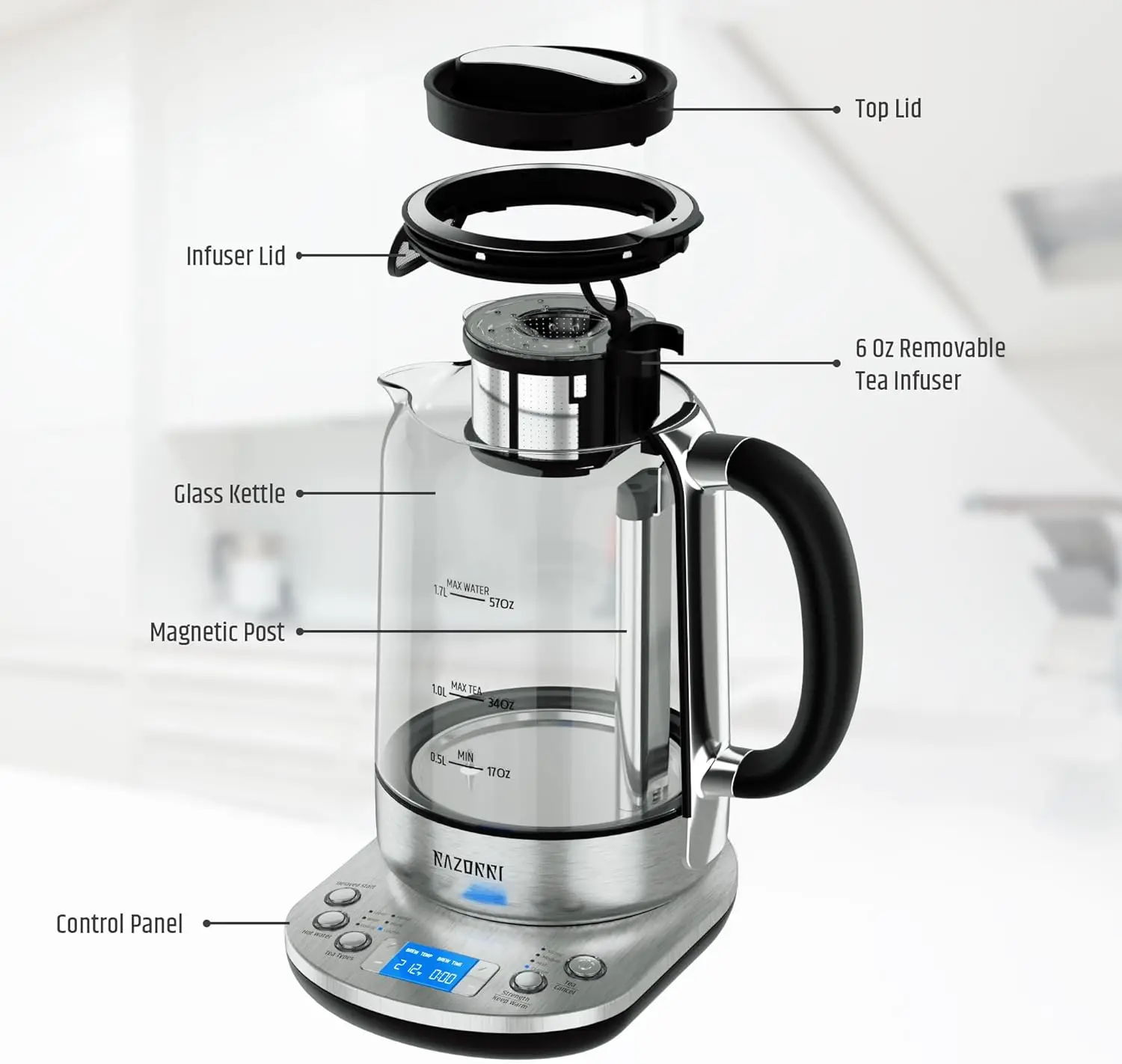 Electric Tea Maker 1.7L with Automatic Infuser for Tea Brewing, Stainless Steel Glass Kettle, Presets for 5 Tea Types an