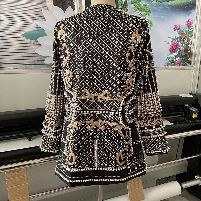 Women Suit Jacket V-Neck Long Sleeved Bubble Bead Print Retro Elegant Fashion Trend Versatile Loose Comfortable Suit Overcoat