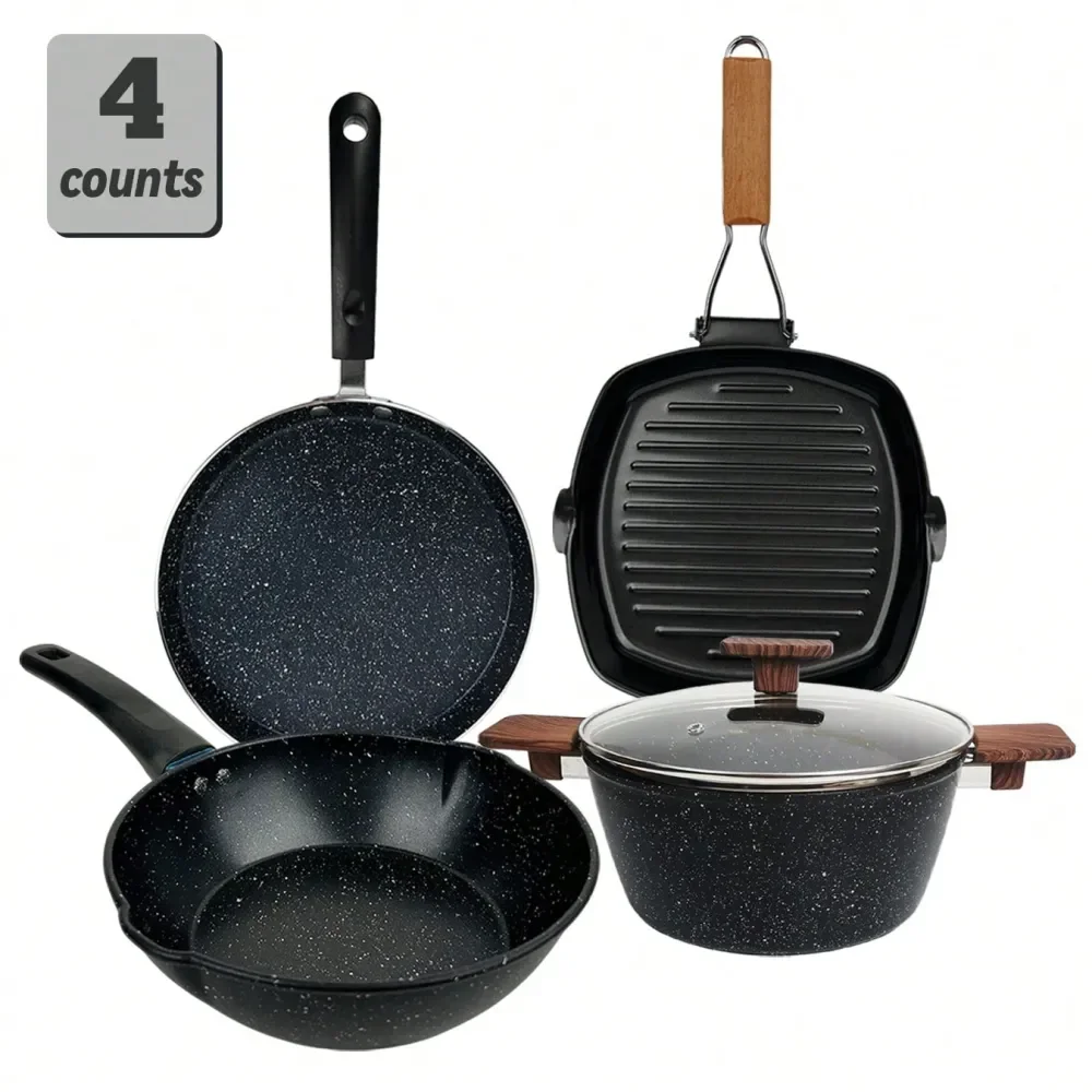 

4Pcs Pots And Pans Set With 9.5inch Skillet Steak Pan,8.7inch Omelet Egg Pan, 10.2 Inch Deep Frying Pans And 5QT Stock Pot With