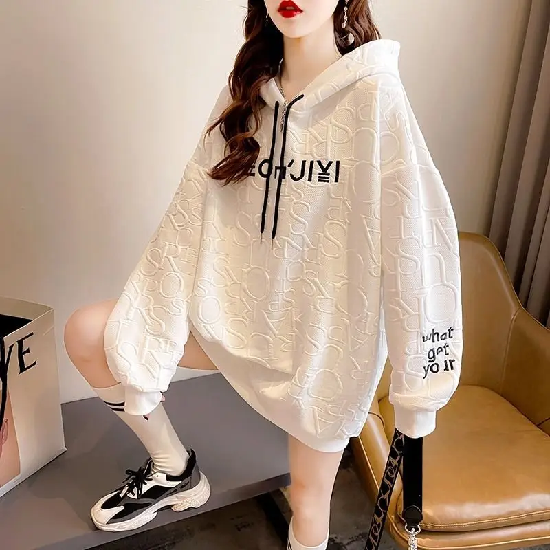 Preppy Style Waffle Hooded Sweatshirt Women Fashion Korean Loose Jacquard Pullover Hoodies Autumn Winter Letter Print Tops