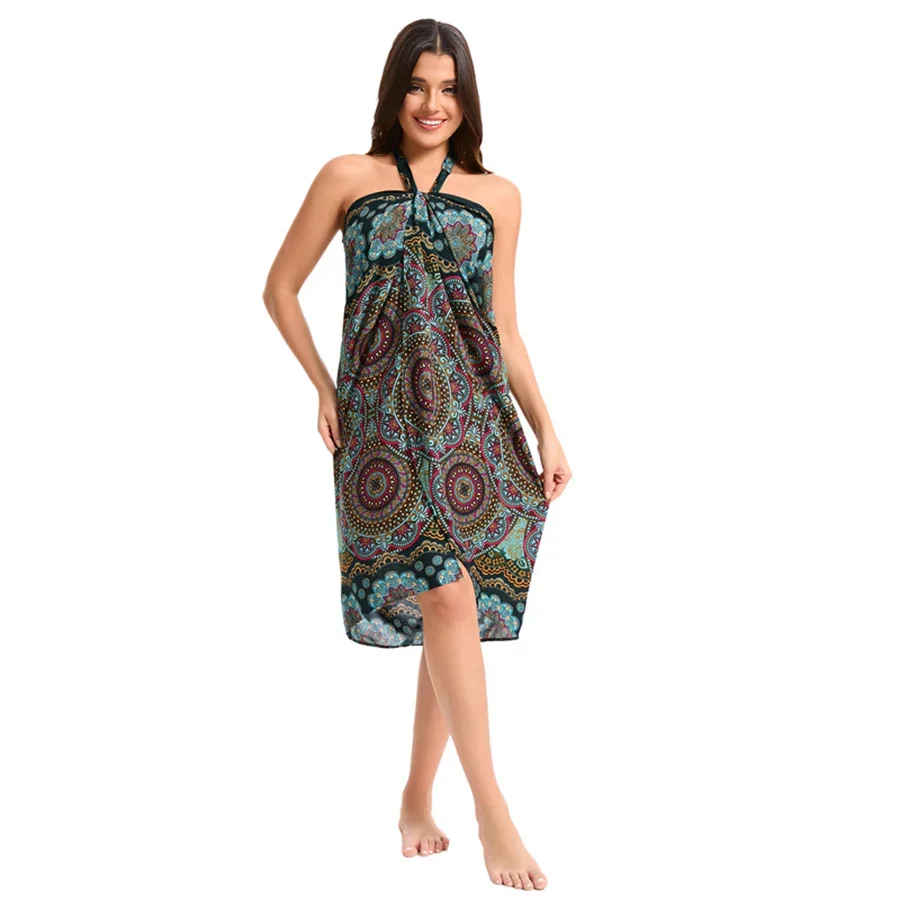 Abito da donna Boho Maxi Wrap Gonna lunga con allacciatura Abito da spiaggia Copricostume Abito vintage bohémien regolabile a vita alta in rayon