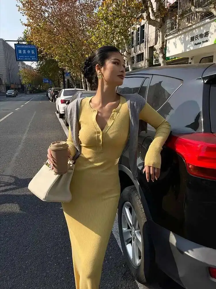 Vestido de malha amarelo com decote em v, manga comprida, elegante para mulheres, suéter amarelo fino, vestido longo, quente, sexy, moda feminina, vestidos qh4m