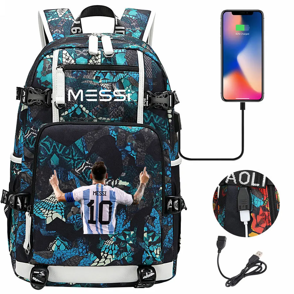 Football Stars Messi Backpacks Camouflage USB Teens School Bags Waterproof Boys Girls Casual Travel Laptop knapsacks