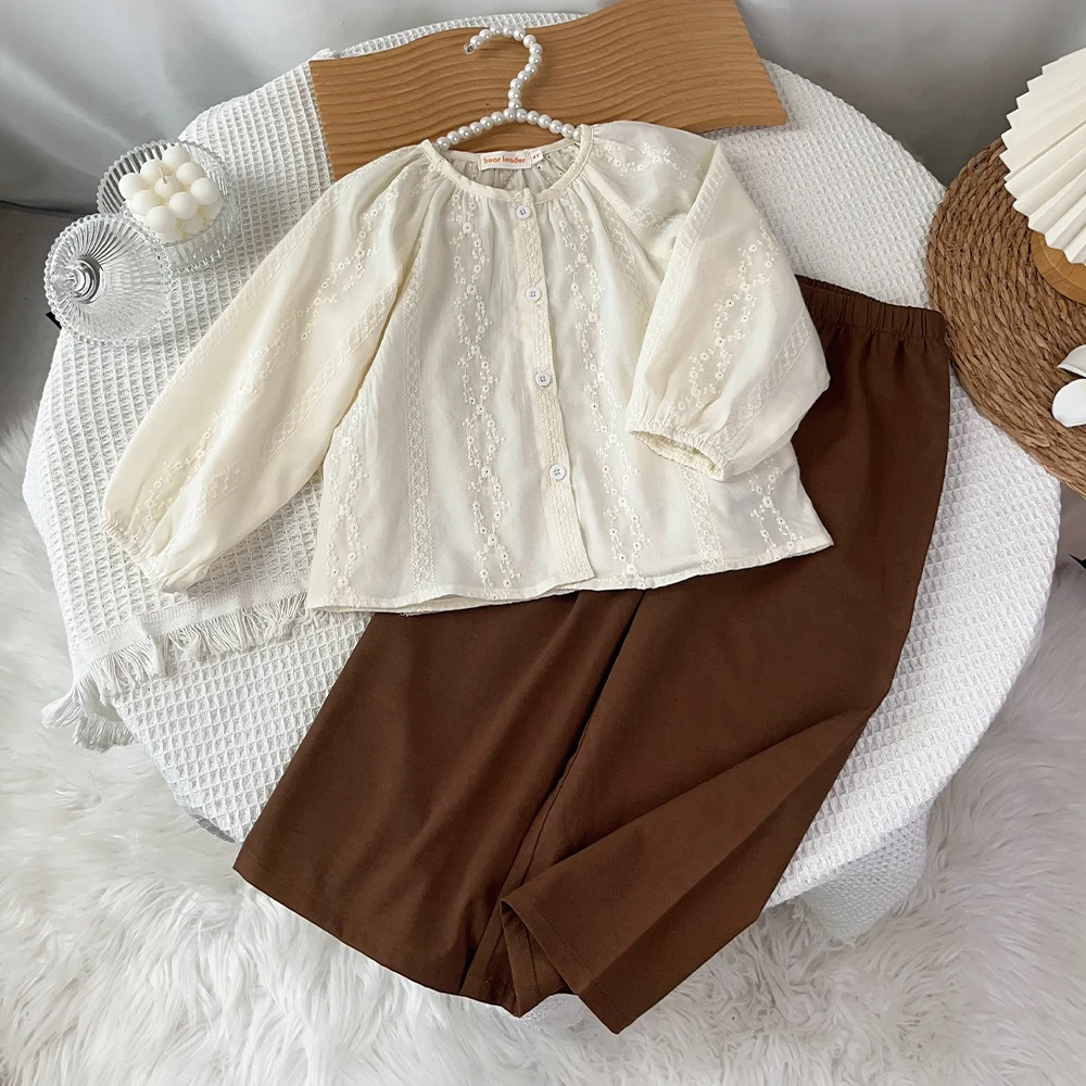 3-7 Years Old Korean Style Solid Color Girls 2Pcs Outfit Autumn Long Sleeve Blouse Wide Leg Pants Set Kids Casual Clothing Suit