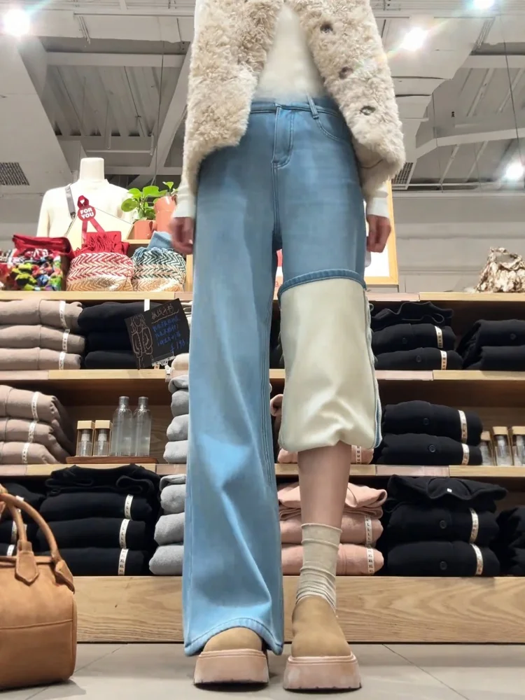 Pantaloni in denim Thi foderati Fce taglie forti Donna Inverno Pera ape Pantaloni larghi a vita alta slim a gamba dritta