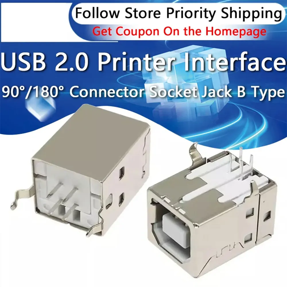 USB B Square Female Connector, 90 Degree Bent Pin & Straight Vertical, DIP Mount 4P for Printer Cable, DIY PCB Project