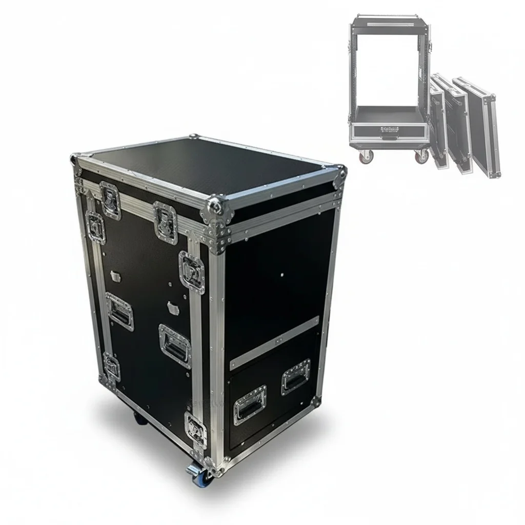 16U Rack Case, Fireproof Aluminum ATA Pro Flight Case, Wheeled Road Flight Case with Drawer, Waterproof Hard Equipment Box