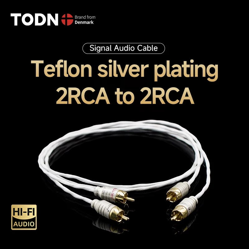 TODN Teflon 4N OFC Silver Plated 2RCA to 2RCA 24K Gold Plated Plug Signal Audio Cable for Amplifier Speaker TV
