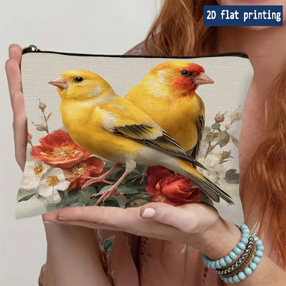 1Pc Canary Bouquet Design Cosmetic Bag - Multifunctional Zipper Pouch for Women, Perfect Travel Zipper Organizer, Fun Birthday Gift