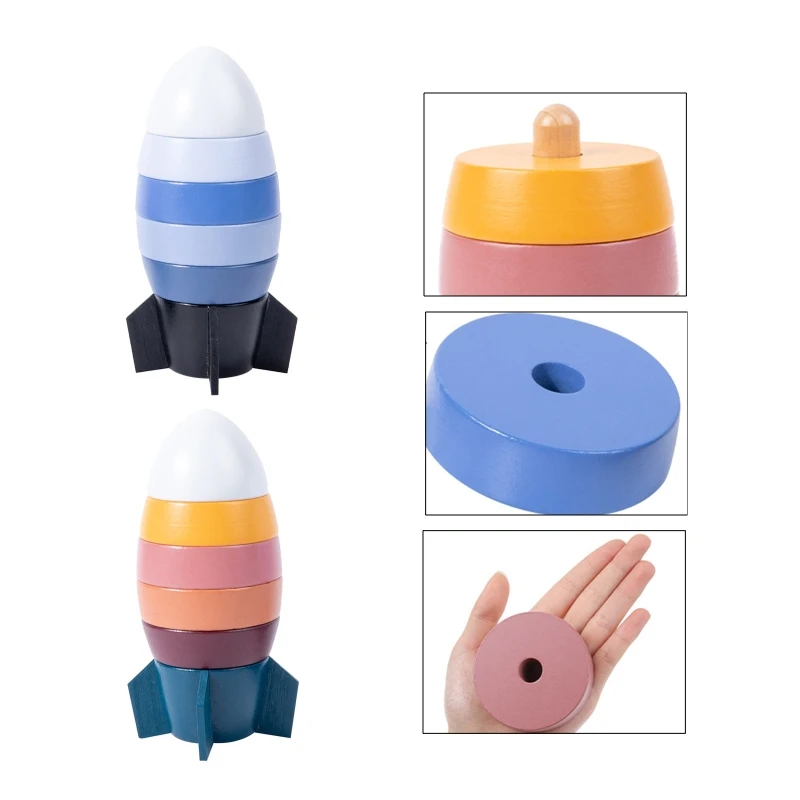 Montessori Wooden Rocket Stacking Toy Board Game Color Sorting Baby for Creative