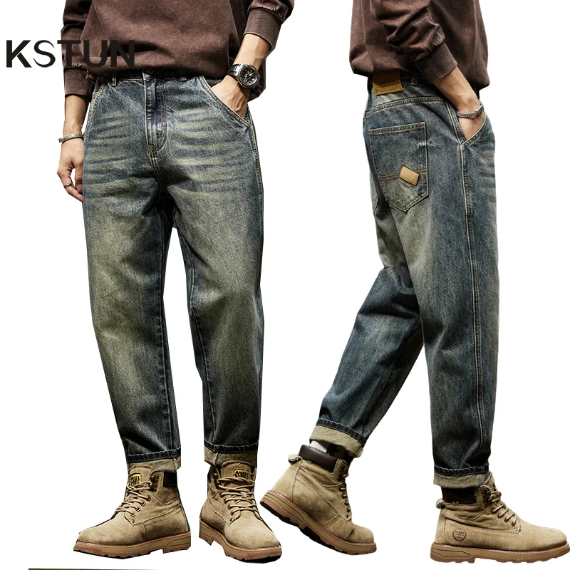 KSTUN Jeans For Men Baggy Pants Loose Fit Harem Pants Vintage Clothes Men Fashion Pockets Patchwork Large Trousers Oversized 40