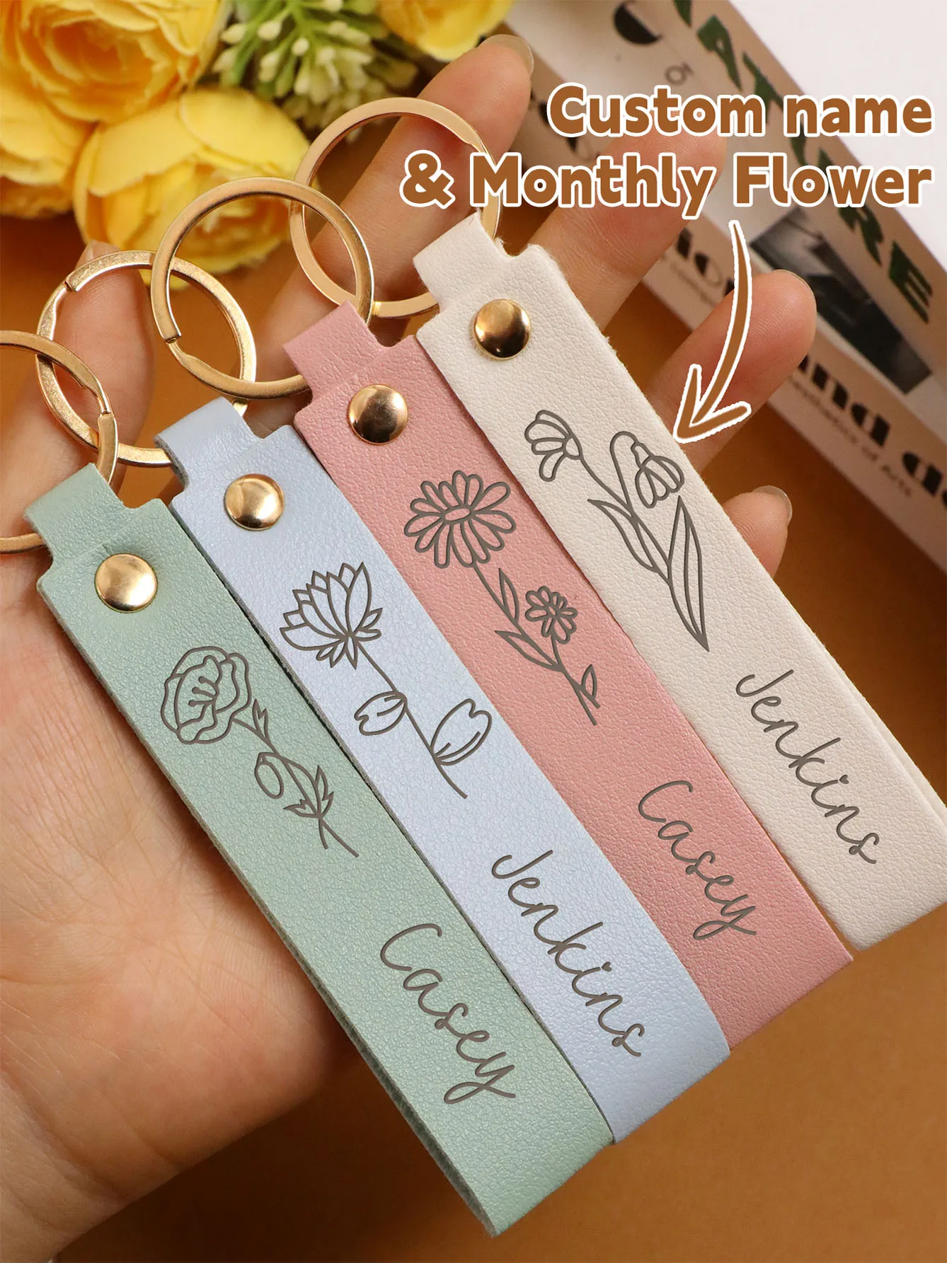 Personalized PU Leather Keychain - With Birth Flower, Matching Keychains For Couples, Customizable Text Cute Key Chain,