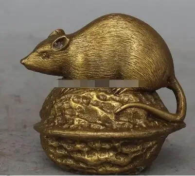 10CM Chinese Bronze Carving Fengshui Wealth Walnut Zodiac Animal Mouse Statue