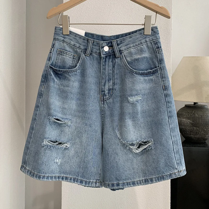 Denim Short Pant Women Jeans Vintage Straight Pants Loose High Waist Trousers Y2k Streetwear Hole Frayed Work Casual Summer 2026
