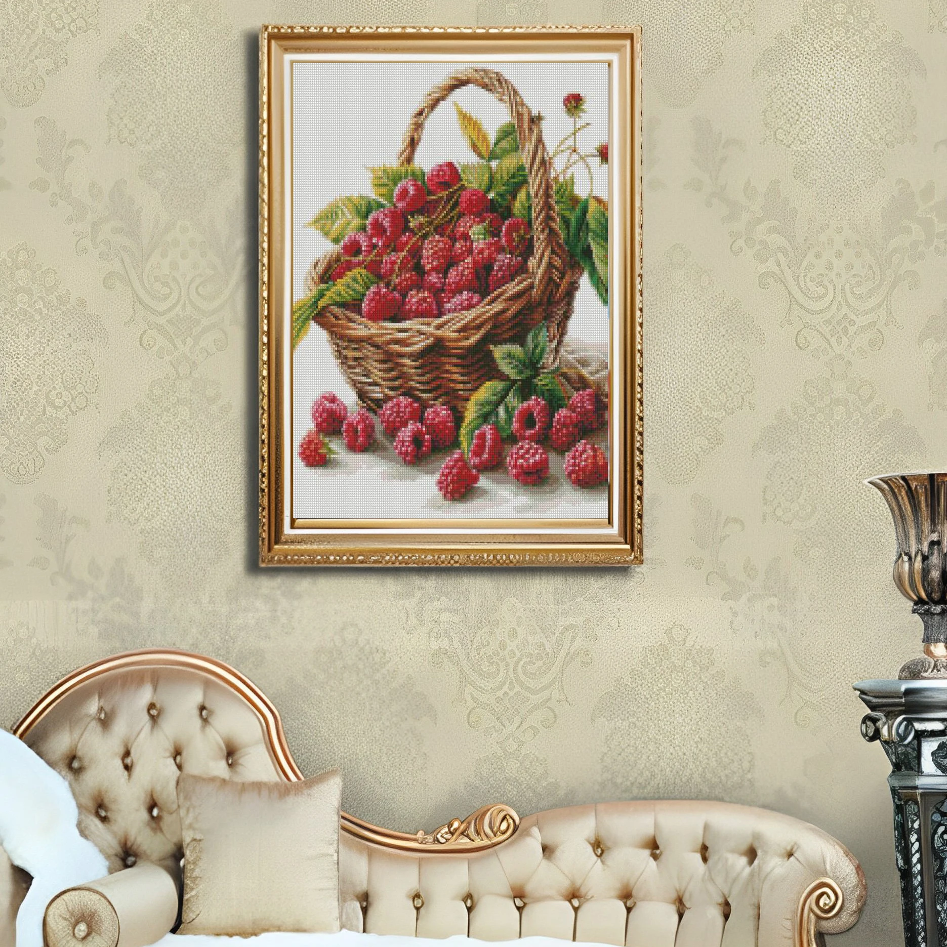 Cross Stitch Embroidery Kit Raspberry Fruit Basket Landscape Thread Drawing DIY Needlework Kit Decorate Printed on Canvas 11CT