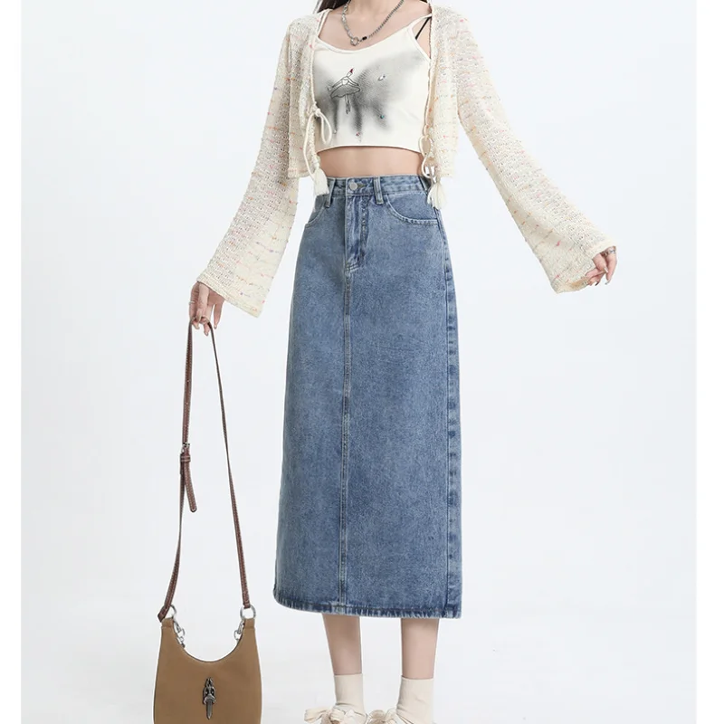 

Multi-color Adjustable Waist Split Denim Skirt Women's New Versatile A-line Medium Long Style Slimming and Hip Hugging Skirt